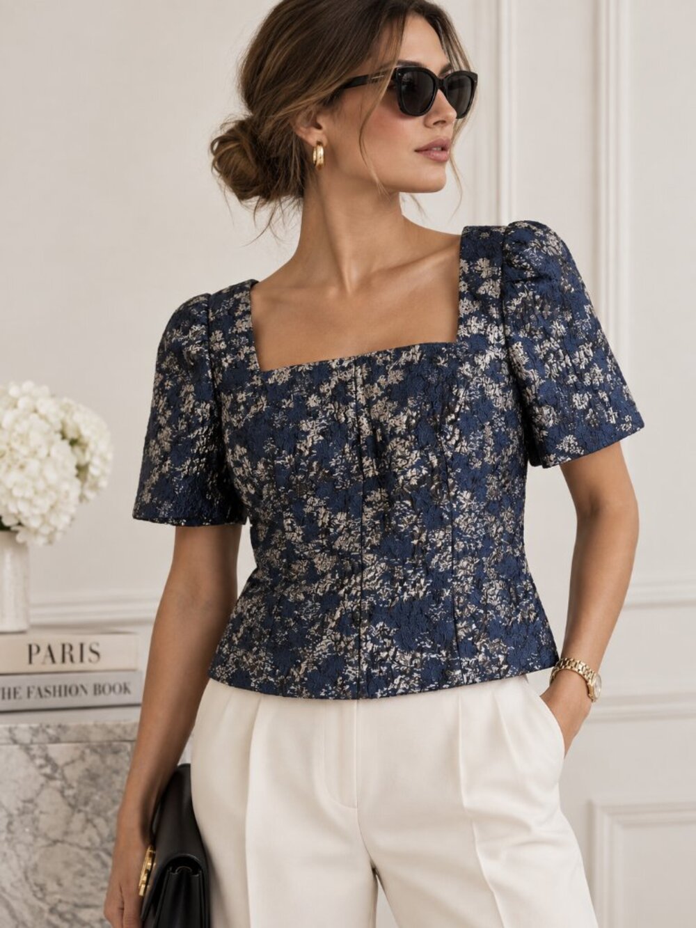 CLUB MONACO | Navy Blue & Gold Brocade Puff Sleeve Top – Women’s Size 0